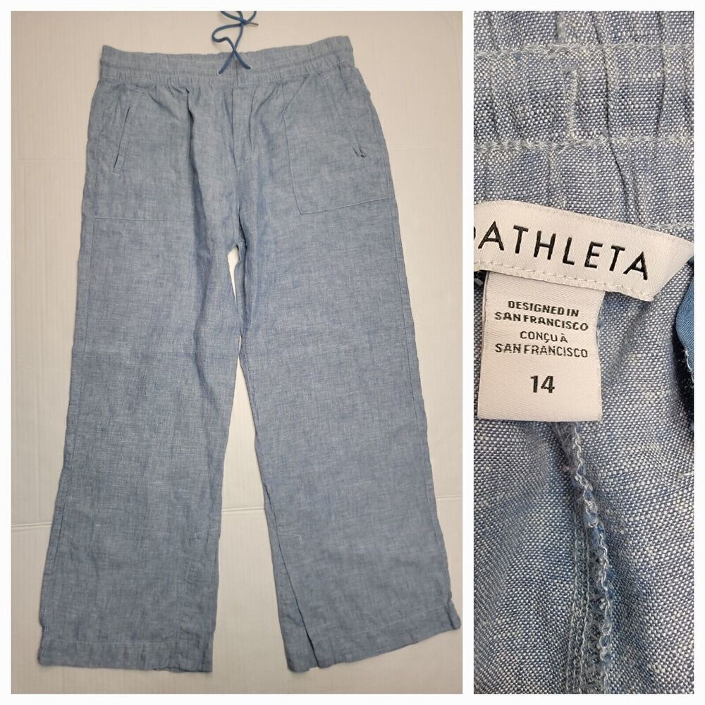 Athleta Retreat Linen Pant 14 Straight Wide Leg Blue Chambray Coastal Beachy